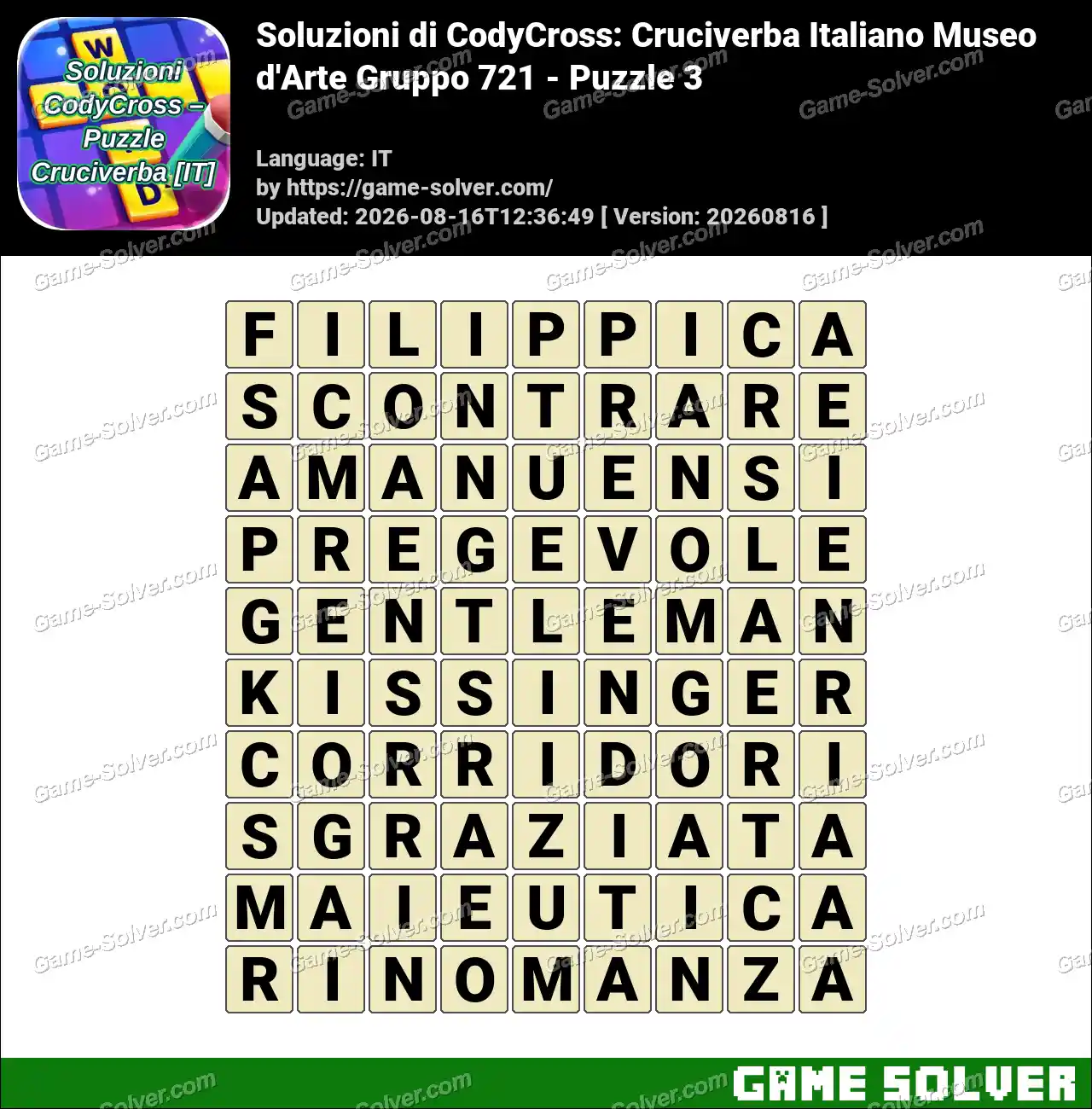 Soluzioni di CodyCross: Cruciverba Italiano Museo d’Arte Gruppo 721 – Puzzle 3